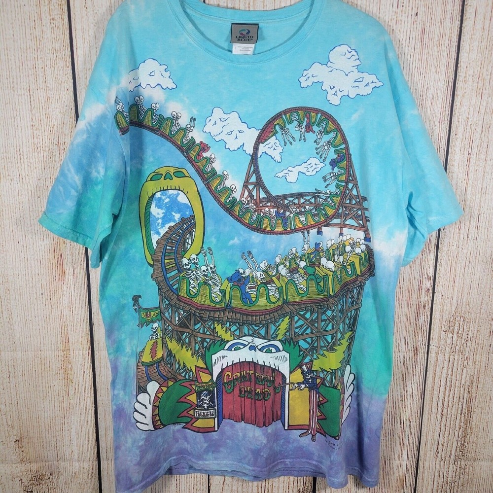 Rare 1993 Grateful Dead Roller Coaster Carnival Tye Dye Liquid Blue L Shirt EUC - Picture 1 of 10